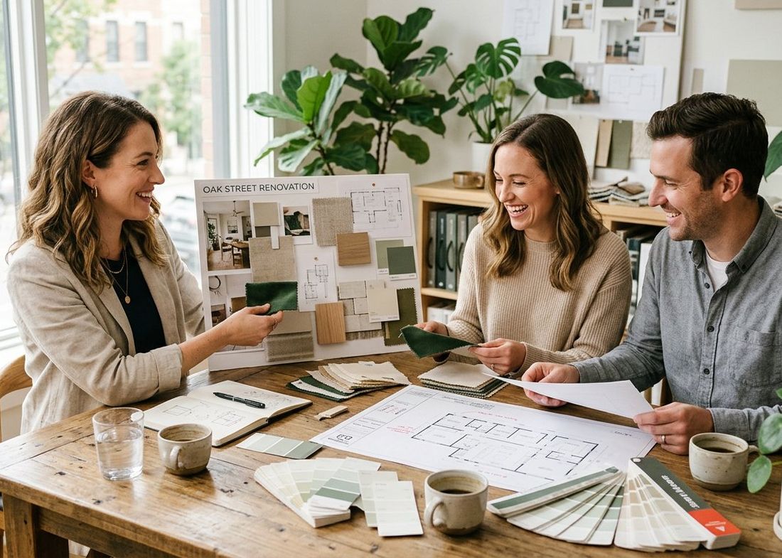 Home Comfort Zenith designer presenting renovation plans and material samples to homeowners