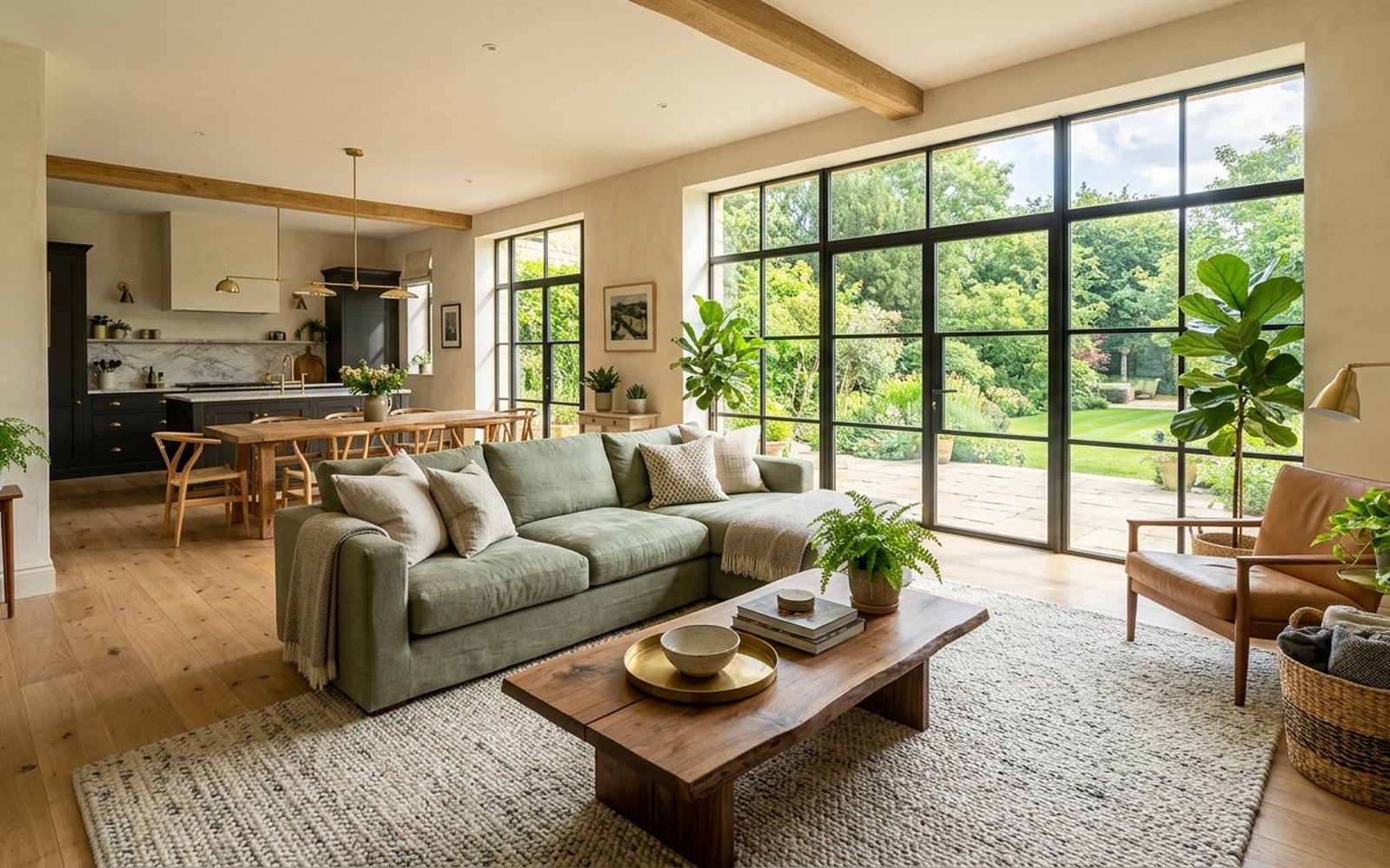 Beautifully renovated open-plan living room with oak flooring and sage green furniture by Home Comfort Zenith